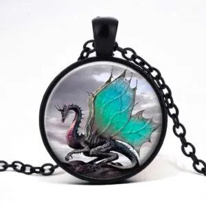 Stainless Steel Cab Black Dragon Teal Wing Necklace