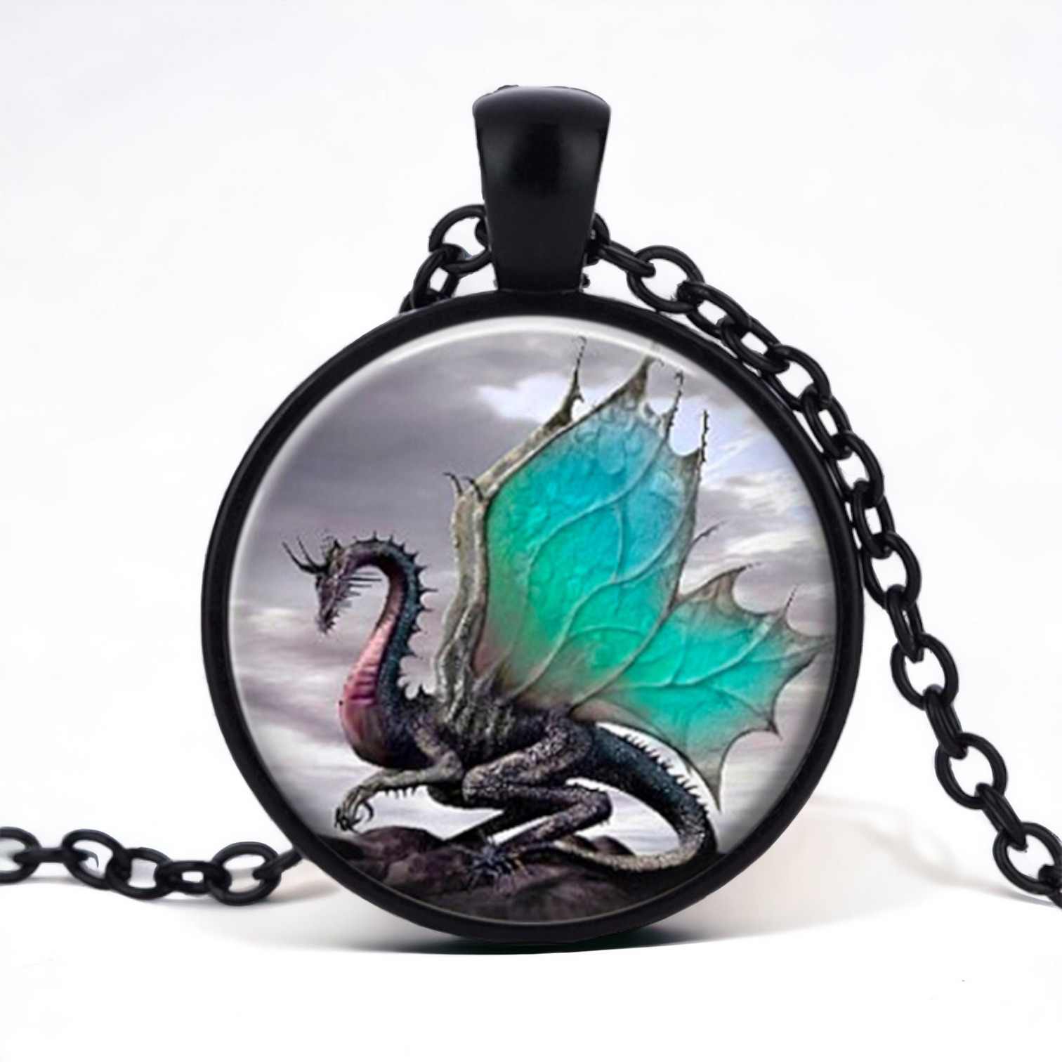 Stainless Steel Cab Black Dragon Teal Wing Necklace