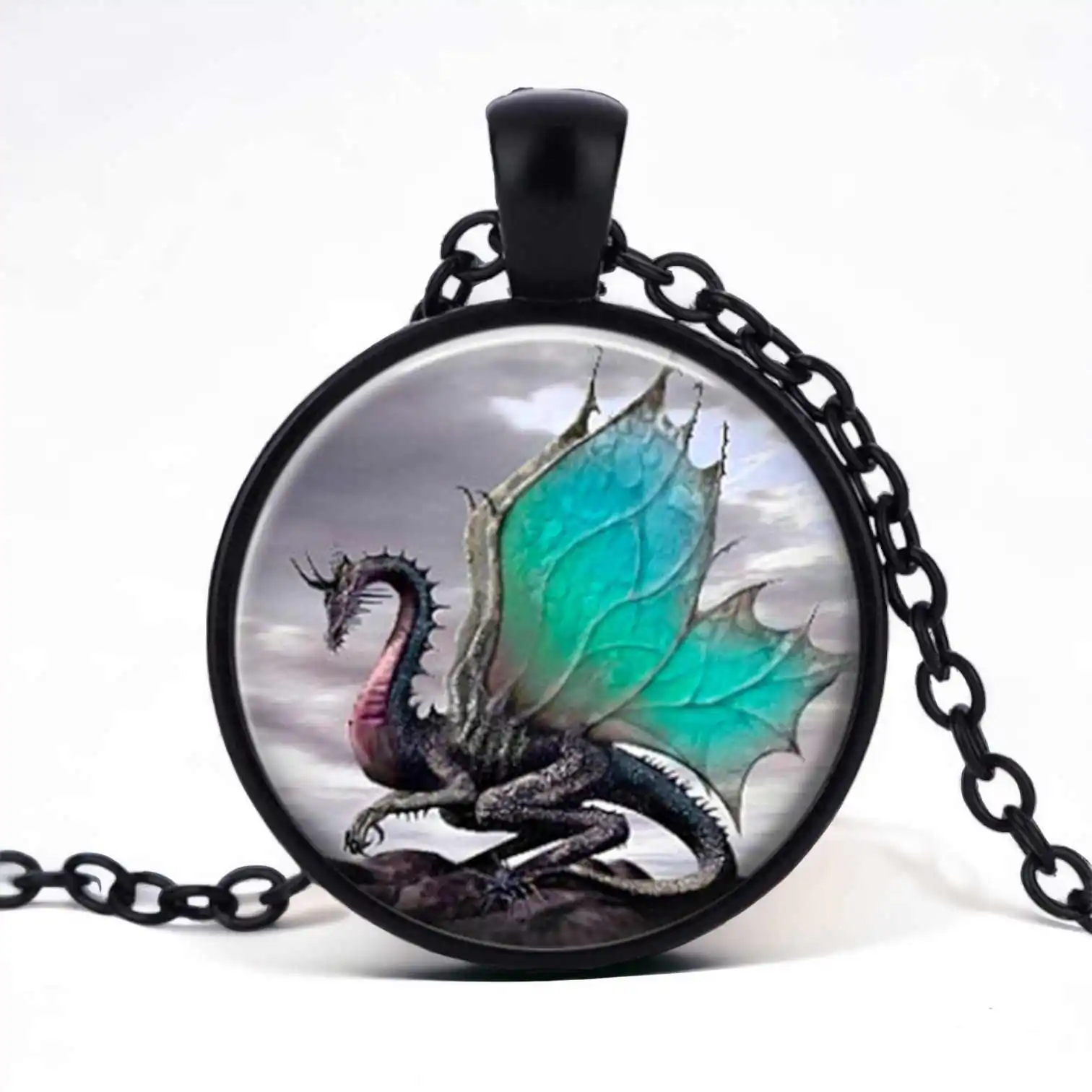 Stainless Steel Cab Black Dragon Teal Wing Necklace