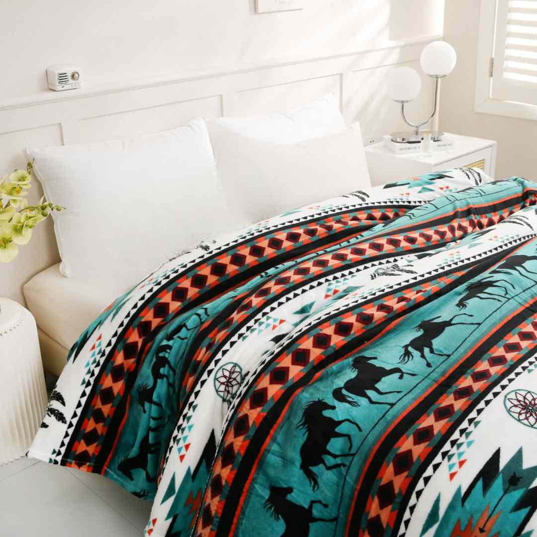 Teal Horse Plush Blanket Twin