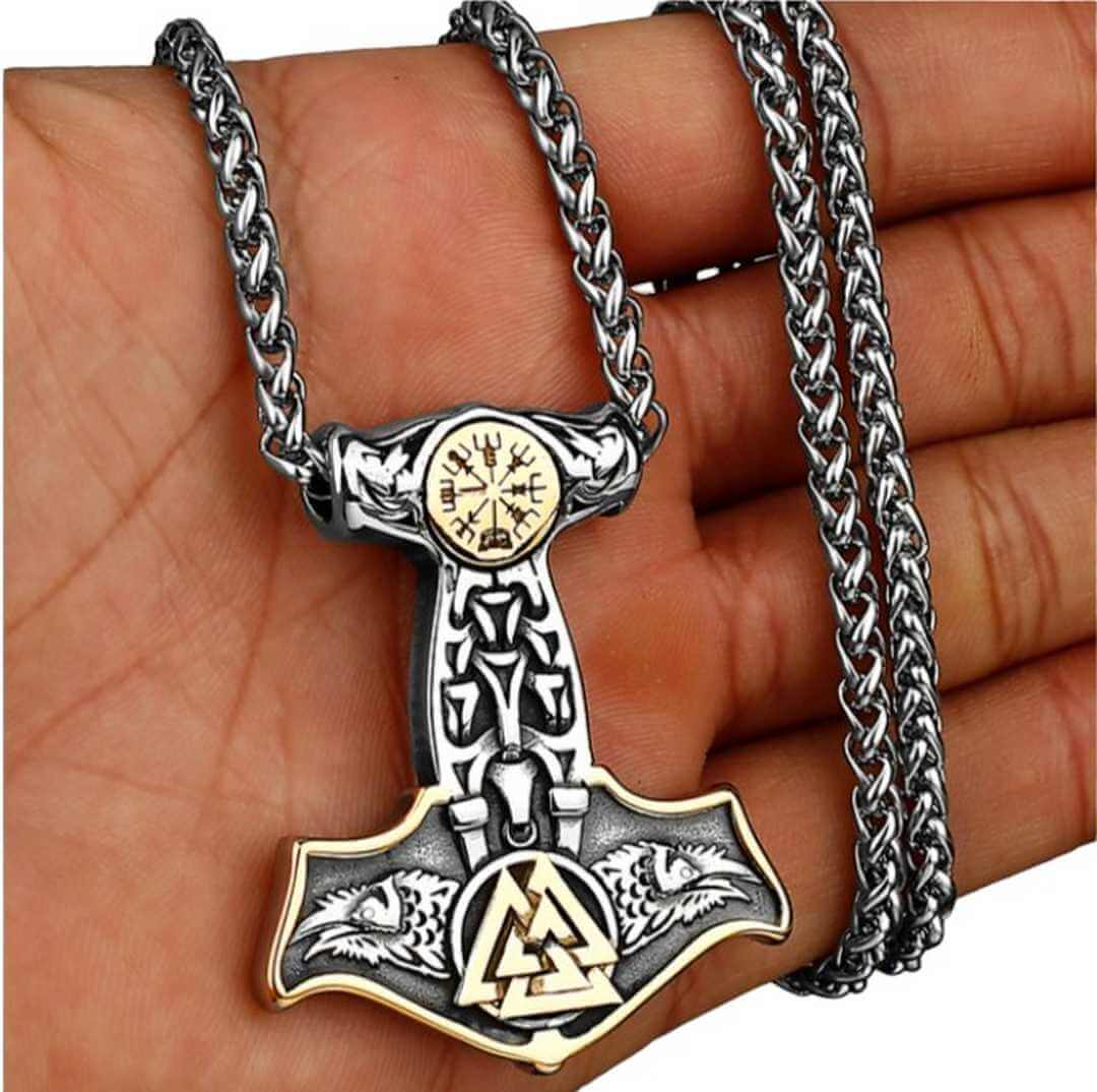 Thor Hammer With Raven Stainless Steel Necklace Gold