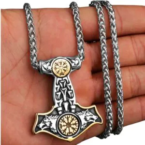 Thor Hammer With Wolf Stainless Steel Necklace 5 Gold