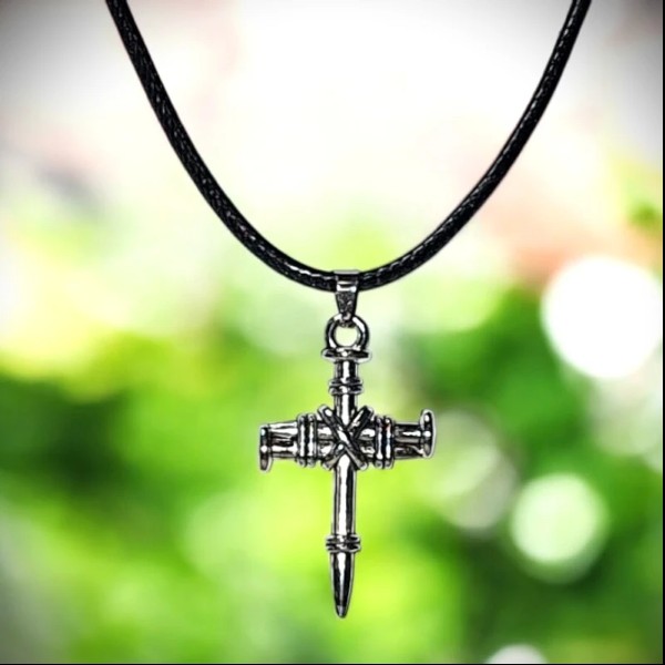Three Nail Cross on Black Cord Necklace