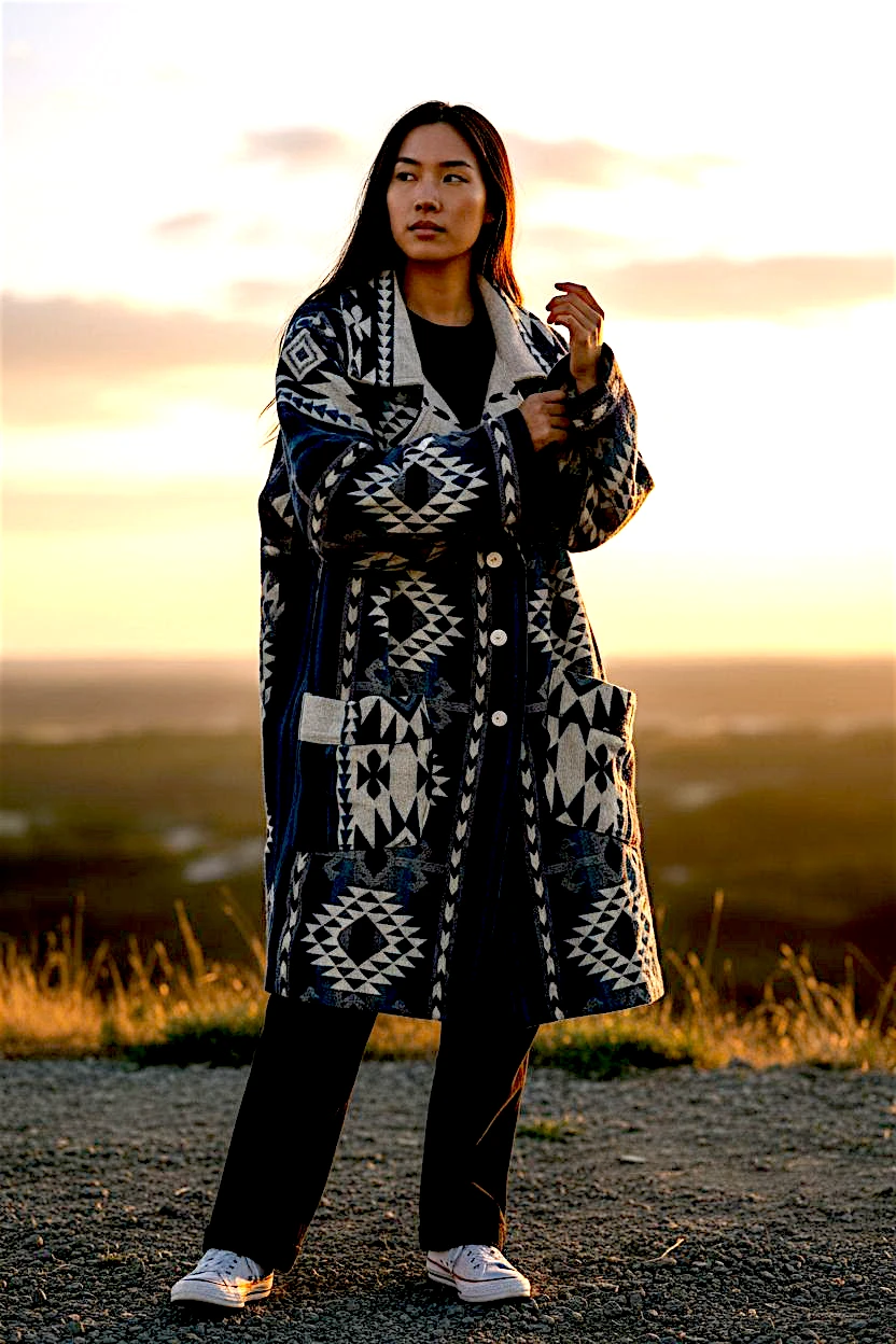 Ecuador alpaca wool Native Design Blue and White long coat Size 3X