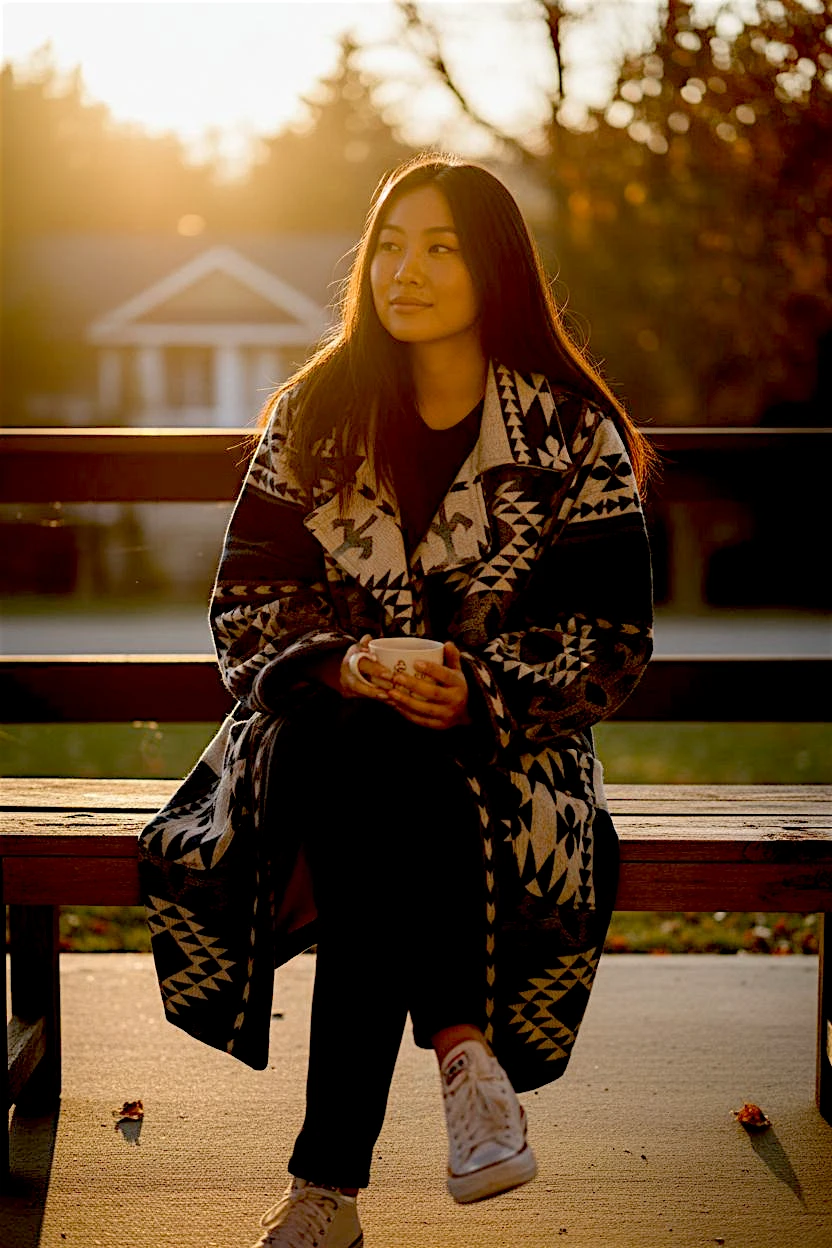 Ecuador alpaca wool Native Design Blue and White long coat Size 3X