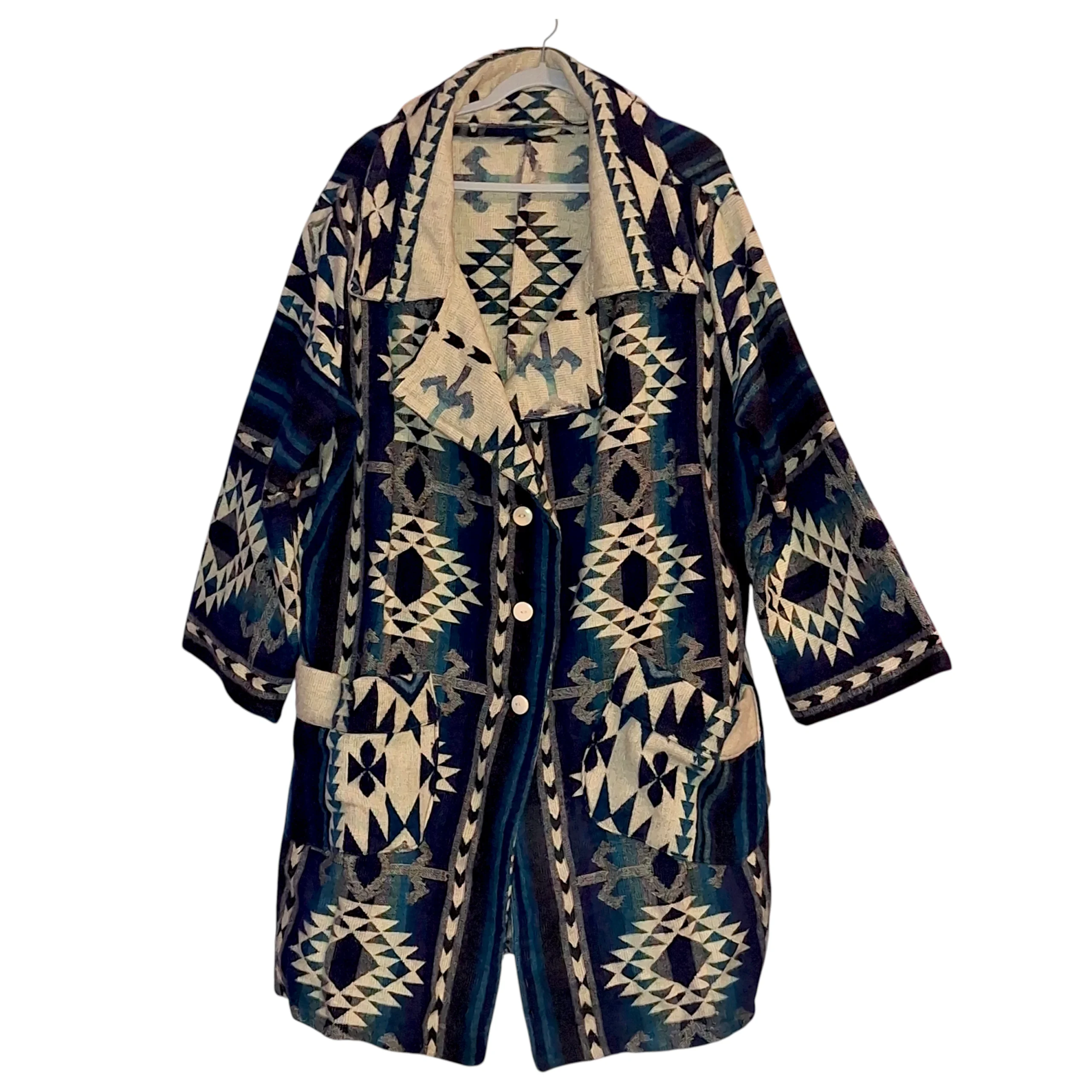 Ecuador alpaca wool Native Design Blue and White long coat Size 3X