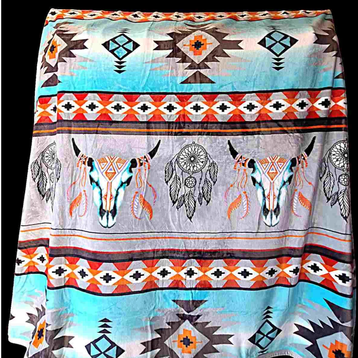 Blue and Gray with Steer Skull Native Design - Plush Fleece Blanket