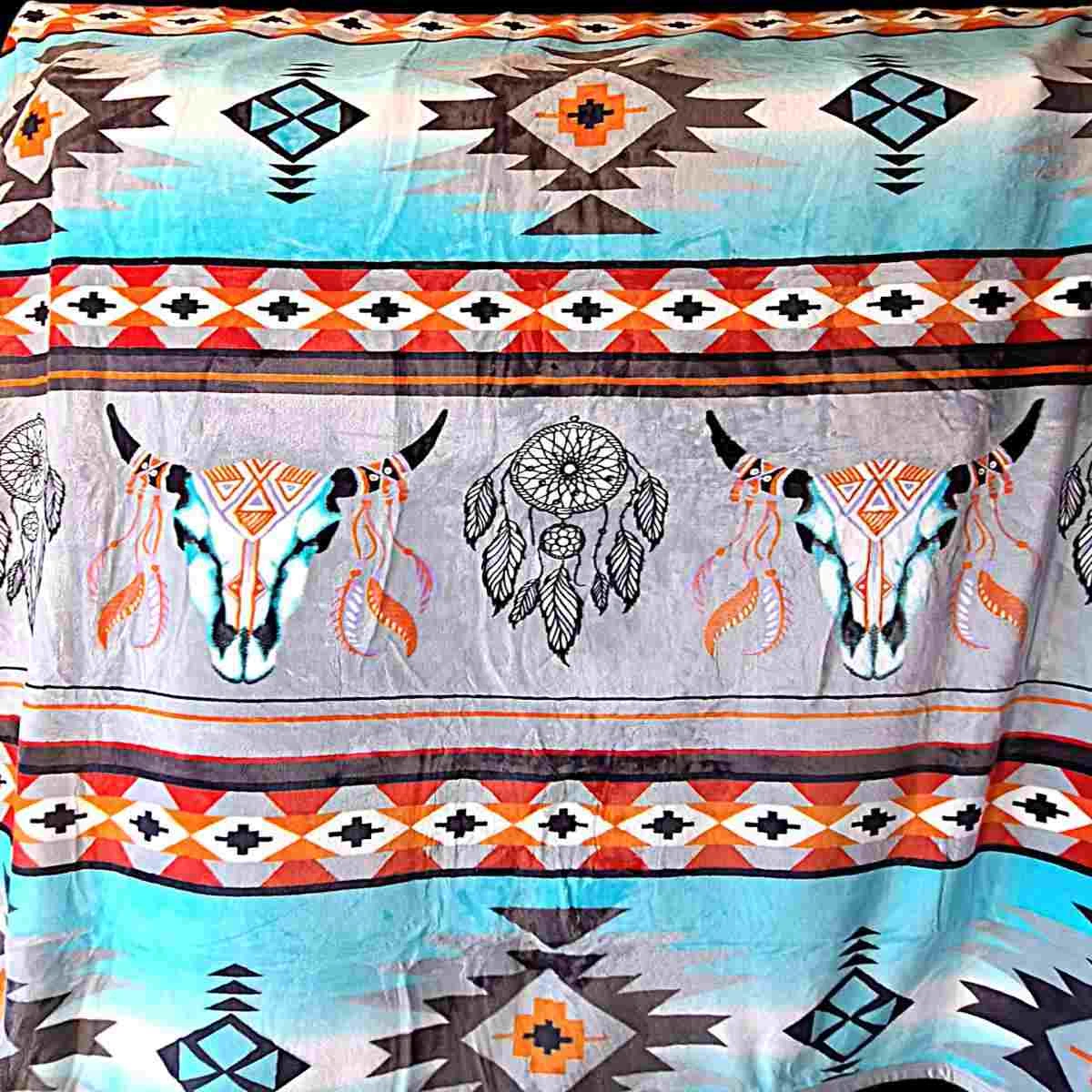 Blue and Gray with Steer Skull Native Design - Plush Fleece Blanket