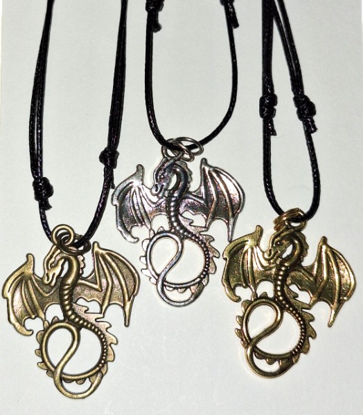 Dragon on Adjustable Slip Knot Black Cord Necklace