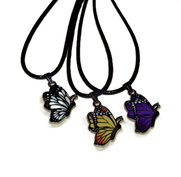 Enamel Butterflies Black Cord Necklace