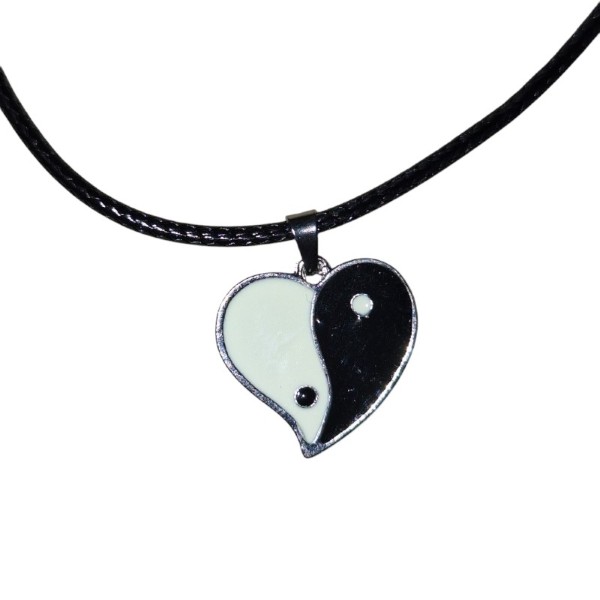 Heart Shaped Yin Yang Necklace On Black Cord