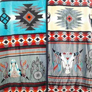Blue Gray with Steer Skulls and Gray White with Steer Skulls - Two Ply Reversible  - Plush Fleece Blanket 