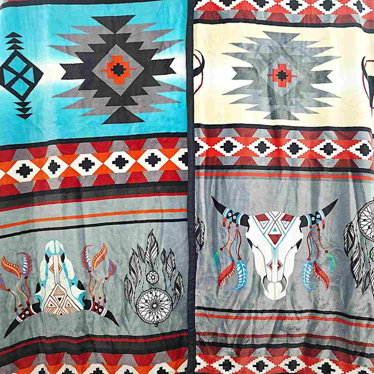 Blue Gray with Steer Skulls and Gray White with Steer Skulls - Two Ply Reversible - Plush Fleece BlanketÂ