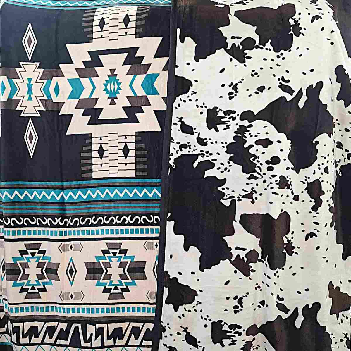 Off White Black Brown Turquoise and Cow - Two Ply Reversible - Plush Fleece BlanketÂ