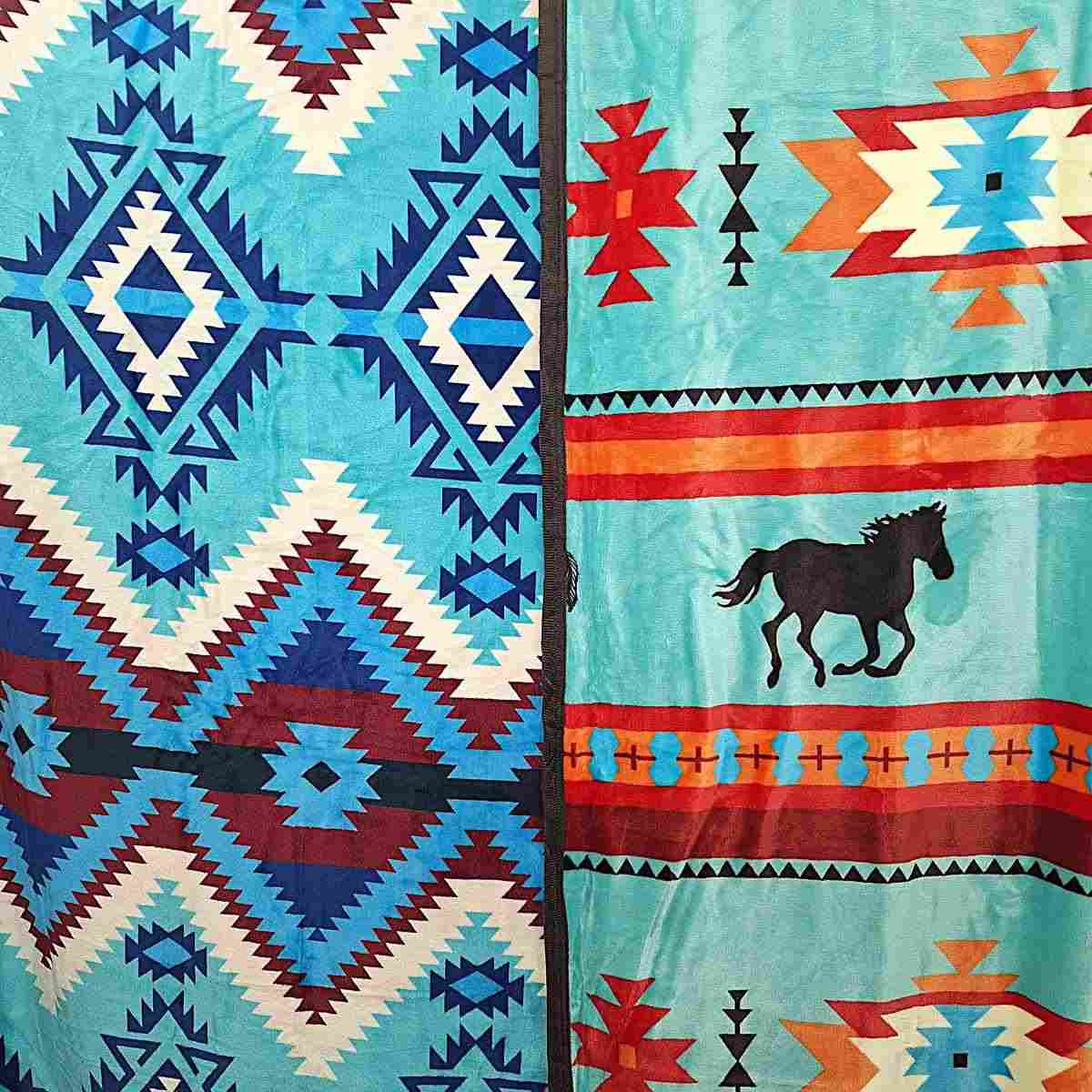 Turquoise with Horses and Blues in Native Design - Two Ply Reversible - Plush Fleece Blanket