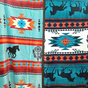 Turquoise with Horses and Teal with Horses - Two Ply Reversible - Plush Fleece Blanket