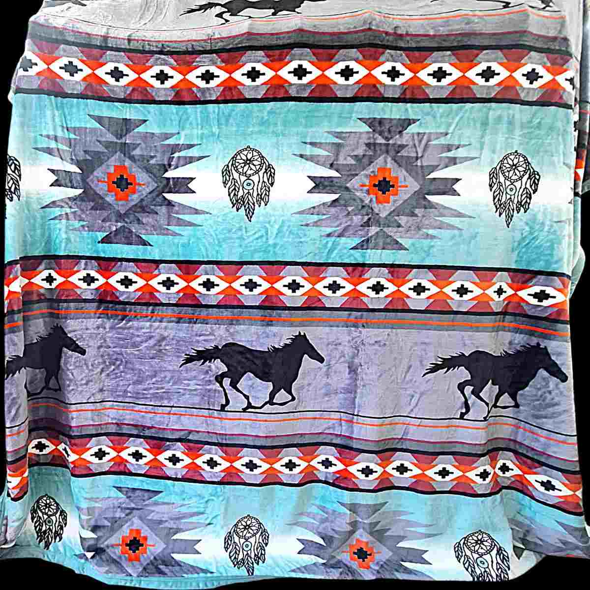 Green and Gray with Horses - Plush Fleece Blanket