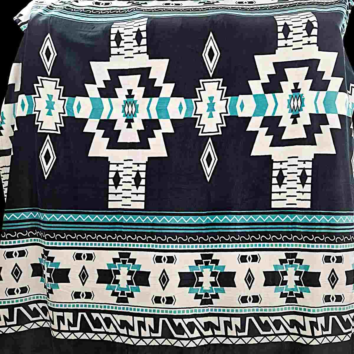 Black White and Teal Native Design - Plush Fleece Blanket