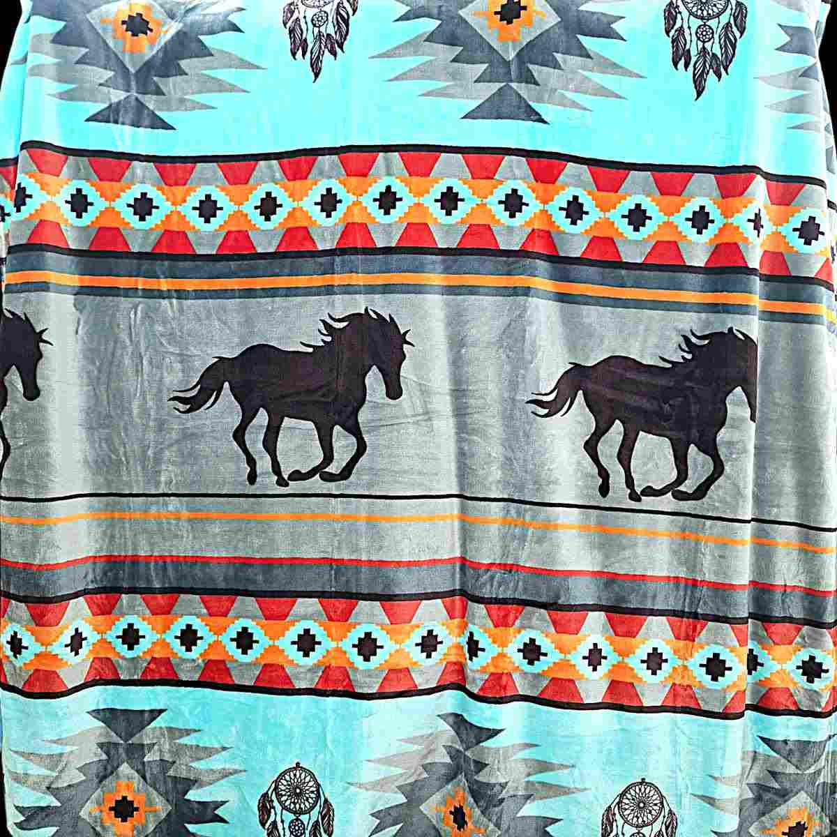  Blue and Gray with Horses- Plush Fleece Blanket 