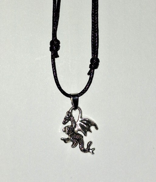 Small Dragon on Adjustable Slip Knot Black Cord Necklace