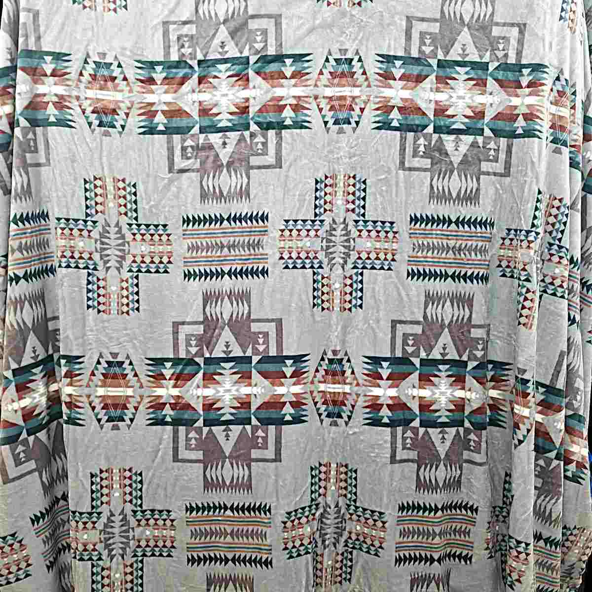 Native Aztec Blanket Very Light Gray with Greens and Browns - Plush Fleece Blanket