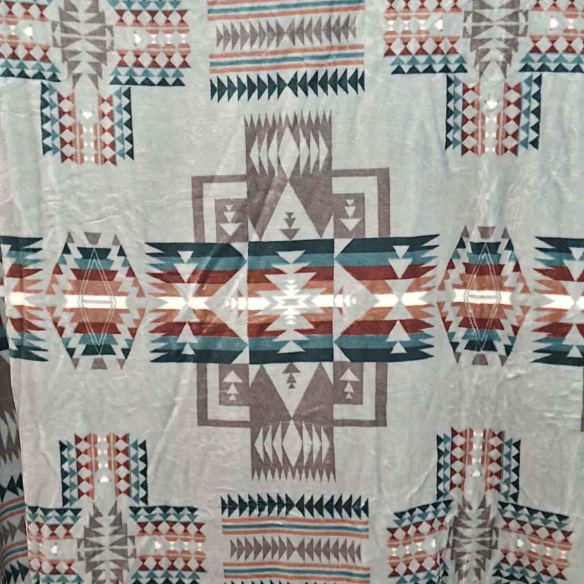 Native Aztec Blanket Very Light Gray with Greens and Browns - Plush Fleece Blanket