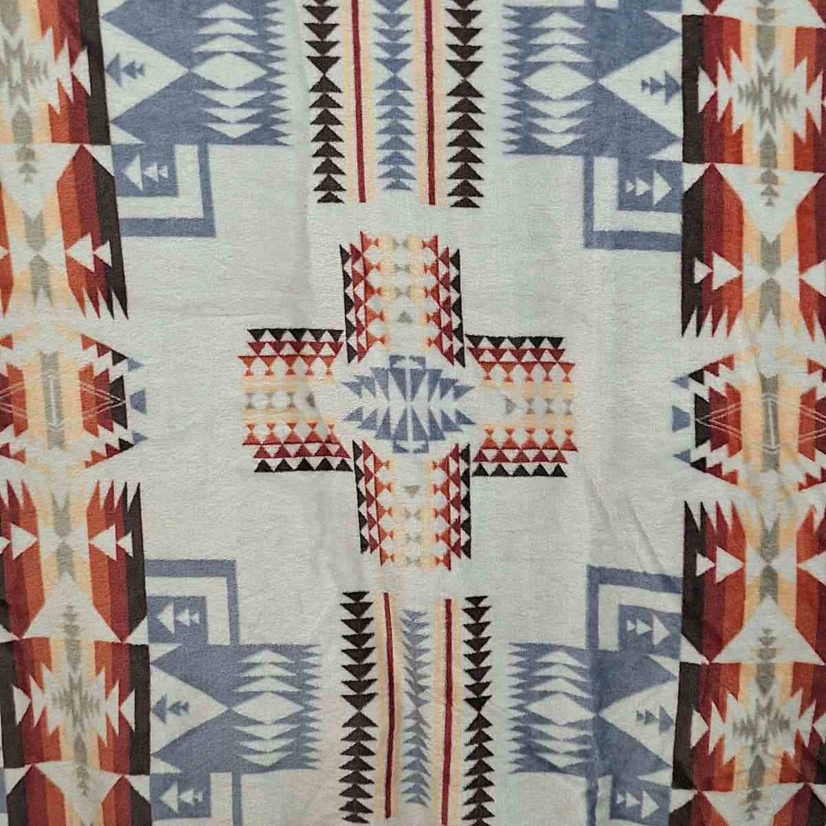 Native Aztec Blanket Light Gray with Red Orange Blue and Yellow - Plush Fleece Blanket