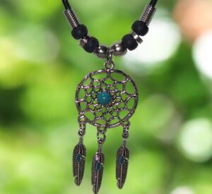Dreamcatcher with Turquoise Center Stone on Black Cord Necklace