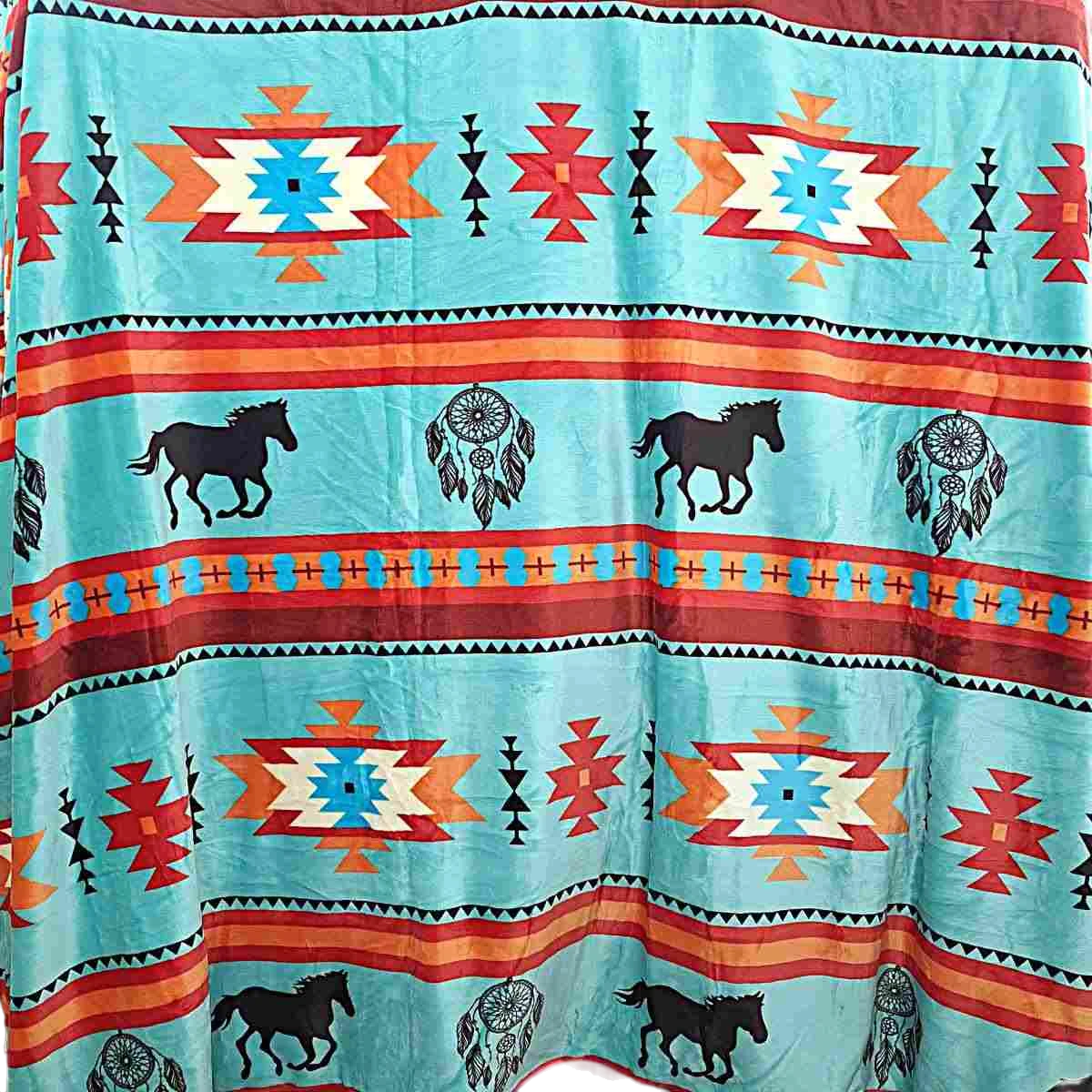 Turquoise with Horses and Teal with Horses - Two Ply Reversible - Plush Fleece Blanket