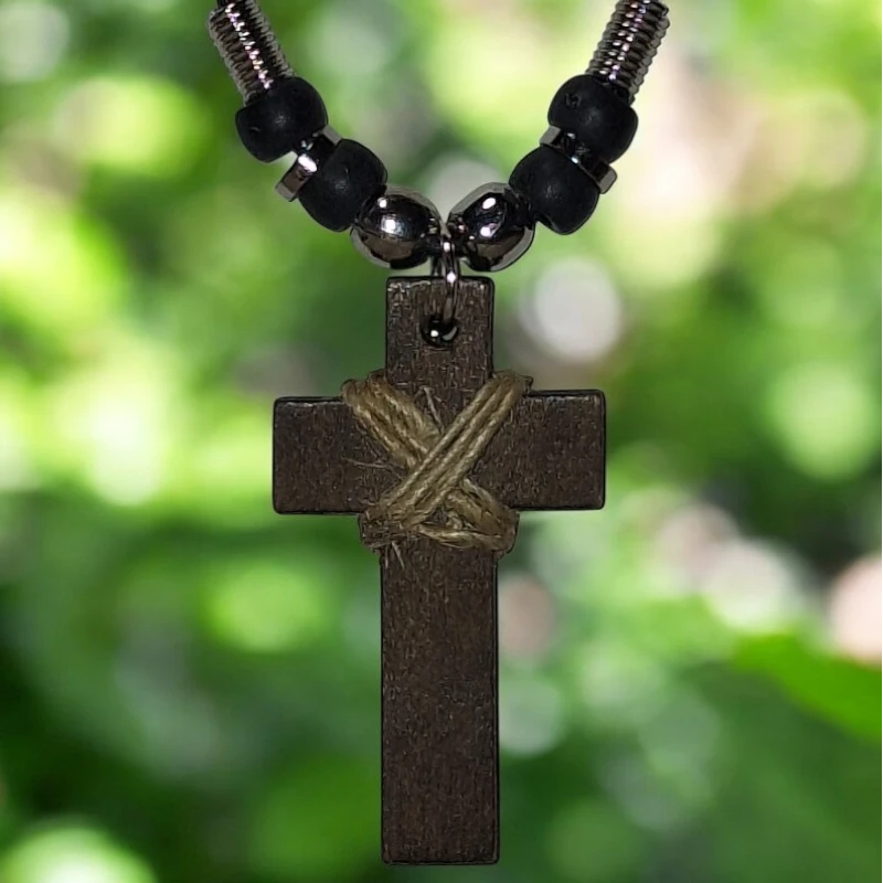 Wood Cross on Black Cord Necklace