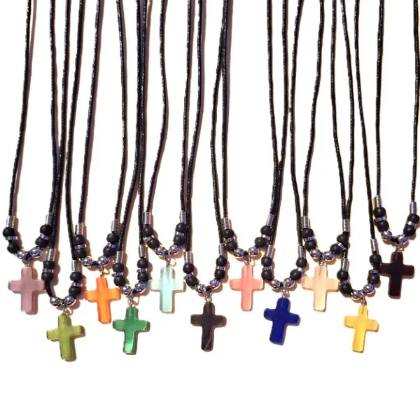 Cats Eye Stone Cross Necklace on Black Cord