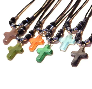 Cats Eye Stone Cross Necklace on Black Cord