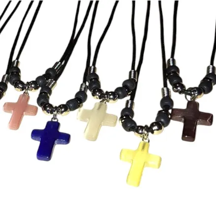 Cats Eye Stone Cross Necklace on Black Cord