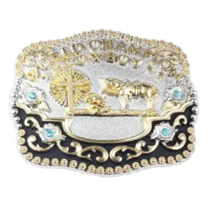 Praying Cowboy Trophy Belt Buckle - Black Silver Gold