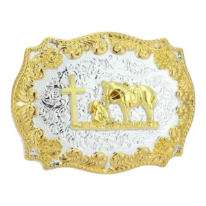 Praying Cowboy Belt Buckle - Silver and Gold Filigree - Small