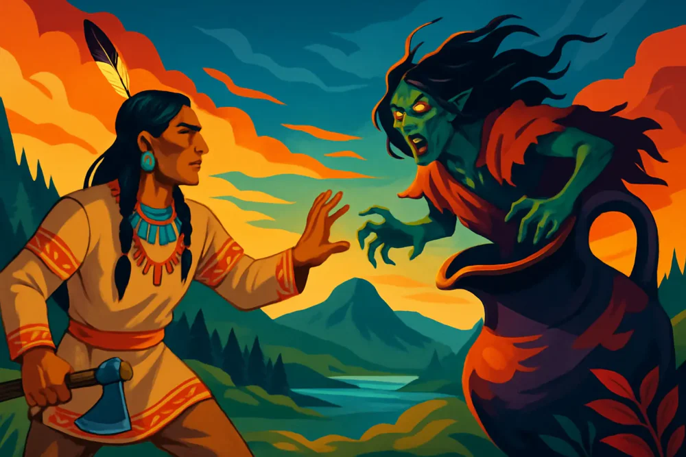 How the story of Glooskap and Pook-jin-skwess, the evil pitcher, is told by the Passamaquoddy Indians